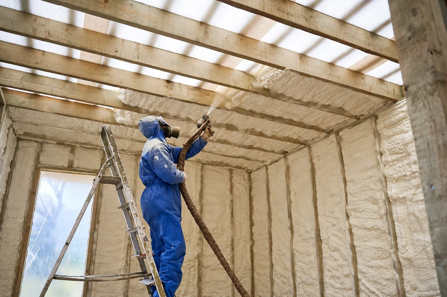 Spray foam insulation applied around exposed timber roof and wall framing in Markham Ontario